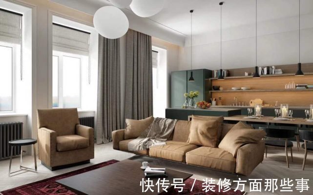 吊顶|124平原木色与绿色搭配的橱柜，是客厅一道亮丽的风景线