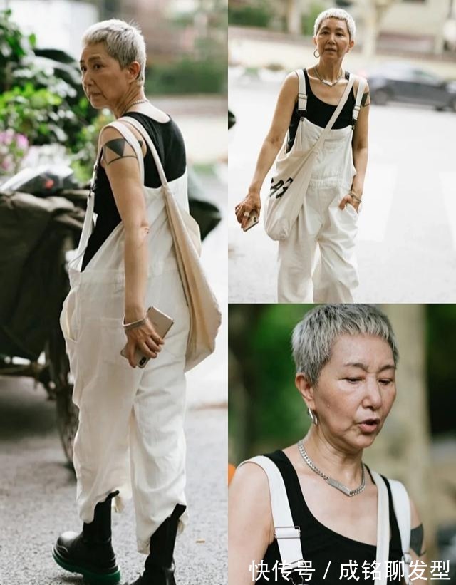 姐姐|60岁的街拍达人太拉风，剪寸头穿吊带，凭借时尚潮酷装扮圈粉无数