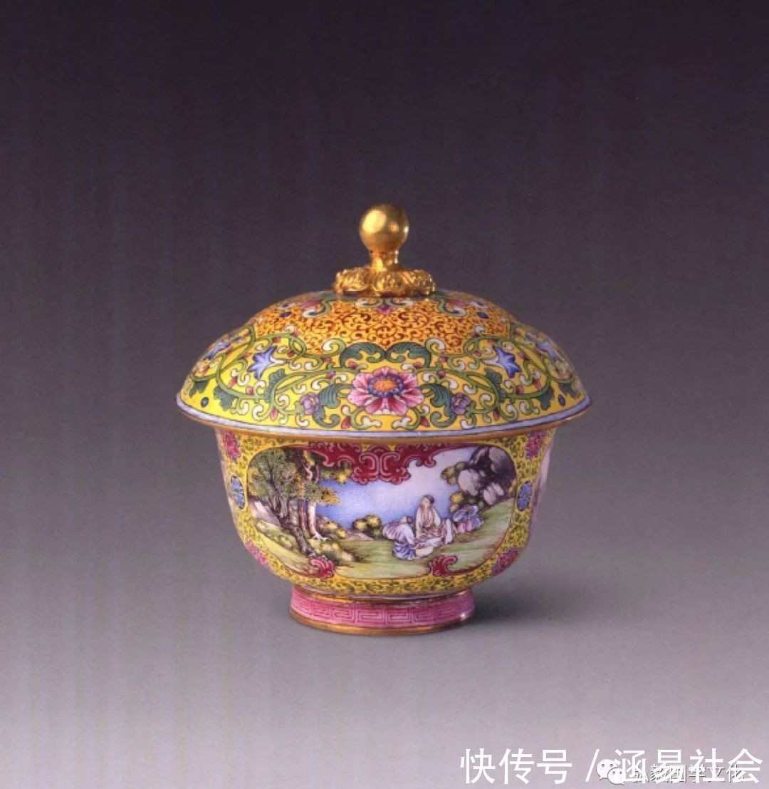 清乾隆!清乾隆画珐琅压柄壶,构图简洁、用色明快,为别具新意的佳作