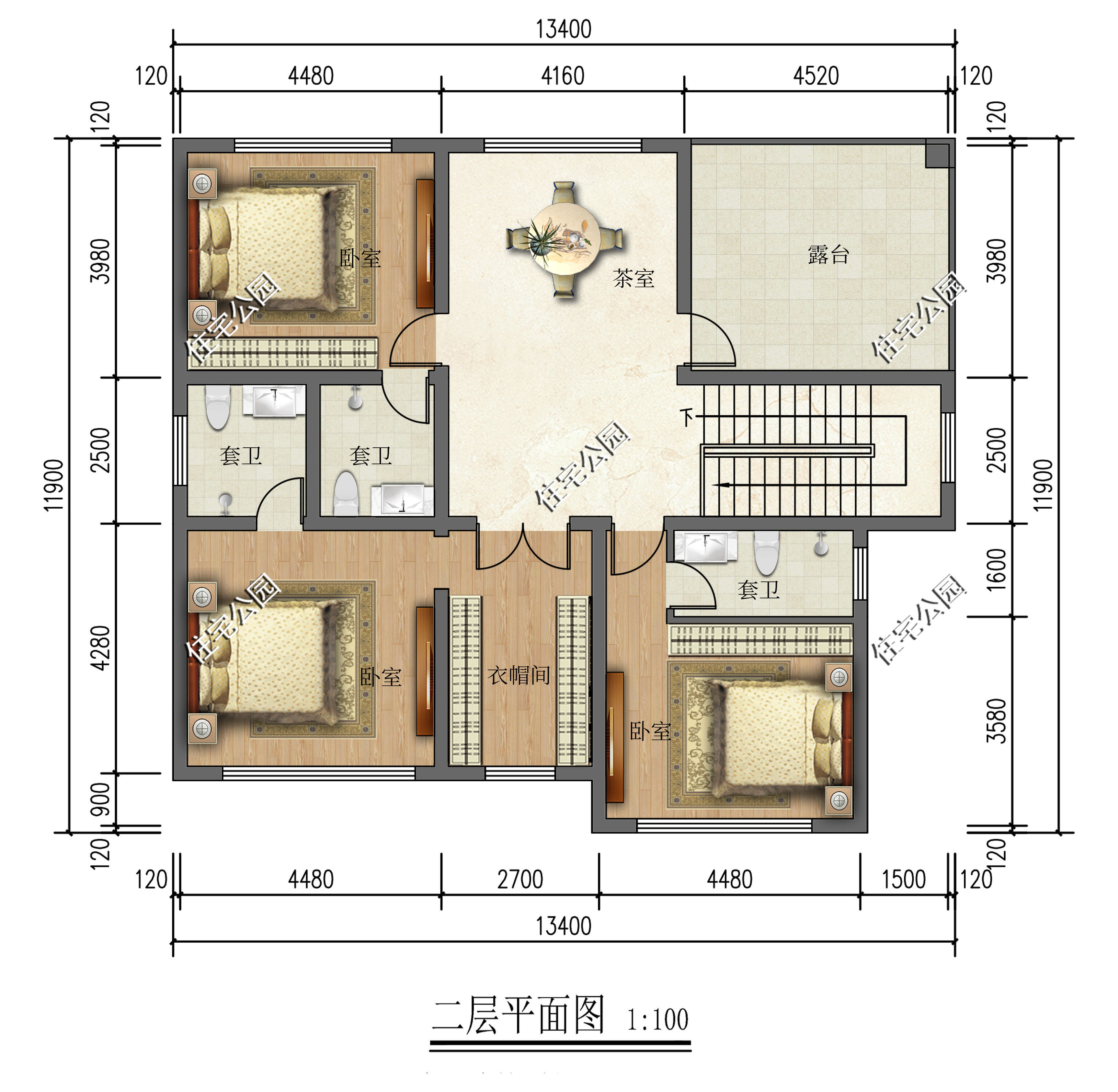 茶室|衣帽间+储藏间+茶室+露台，13x12米二层美宅，造就舒适生活