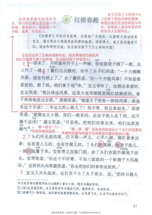 小学五年级语文8课《红楼春趣》课堂笔记、教案及练习题