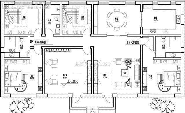 别墅|一层新中式别墅，双入户门，房间均能采光，屋檐外挑，简单大气