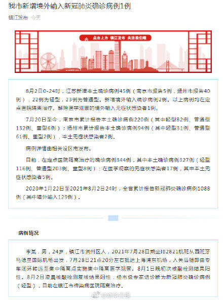 镇江|镇江新增境外输入确诊病例1例