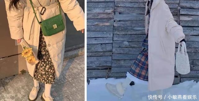 羽绒服+骑士靴,羽绒服+碎花裙,冬天这么穿又美又飒