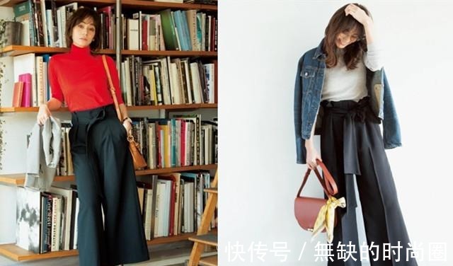 右图 阔腿裤穿着会显腿长若没有按照自己身材正确选款,反而会显胖!