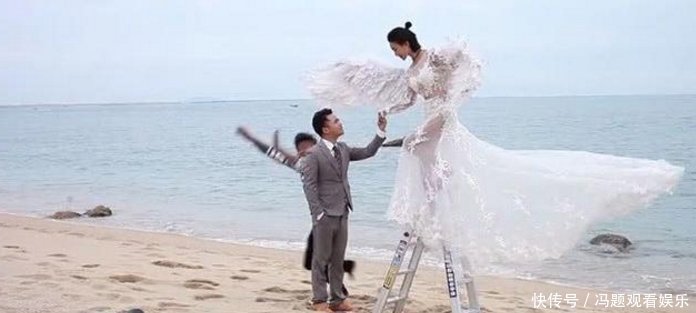 新婚情侣拍婚纱照,新娘站梯子上模仿天使下凡,看到成品后退钱!