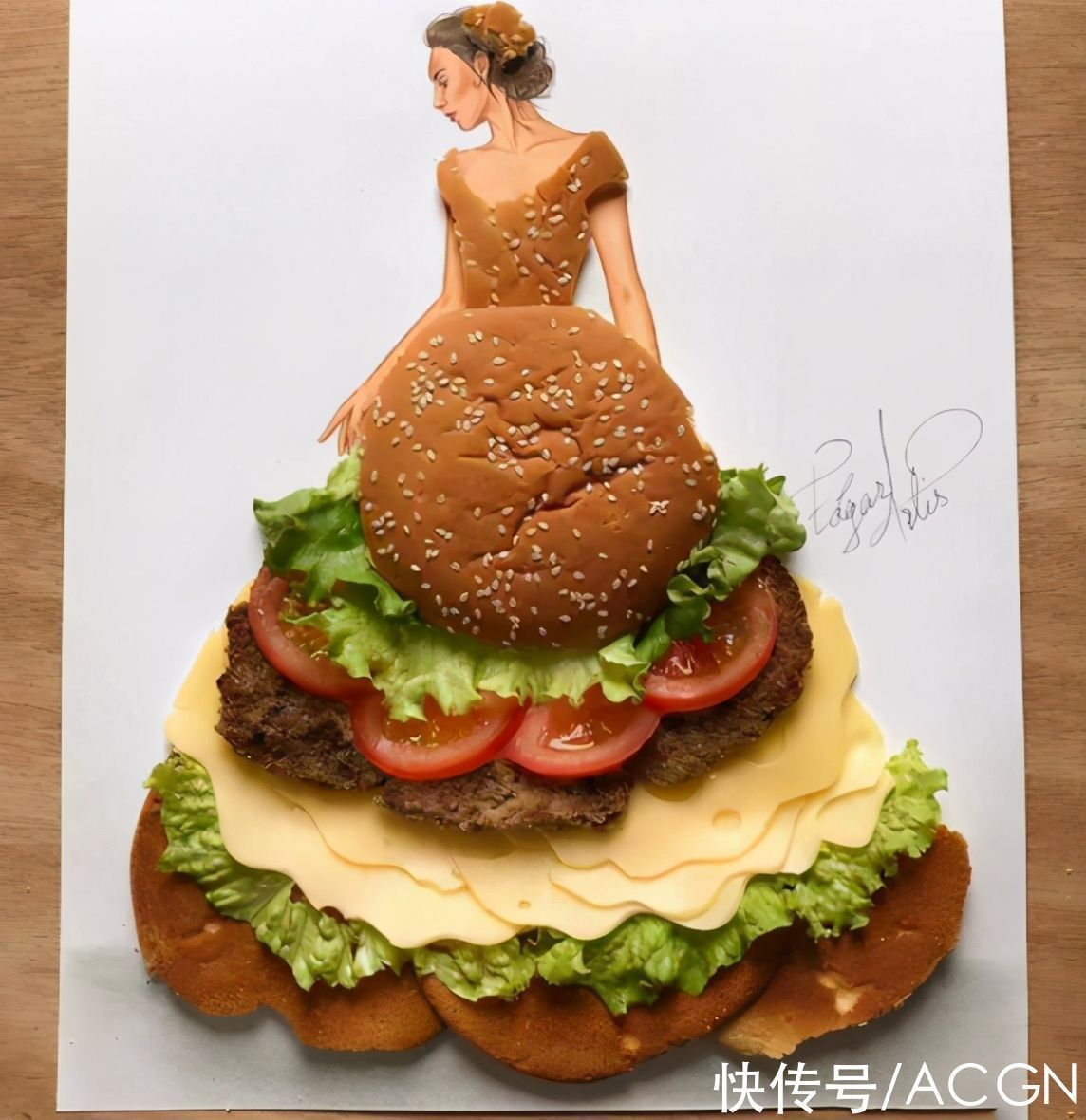 大佬|画师大佬太有创意,用面条和汉堡给美女当裙子,看了感觉挺有食欲