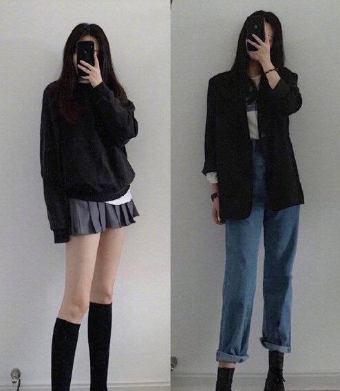 上下穿一身黑, 无论裙装还是裤装, 都能展现出早春气息