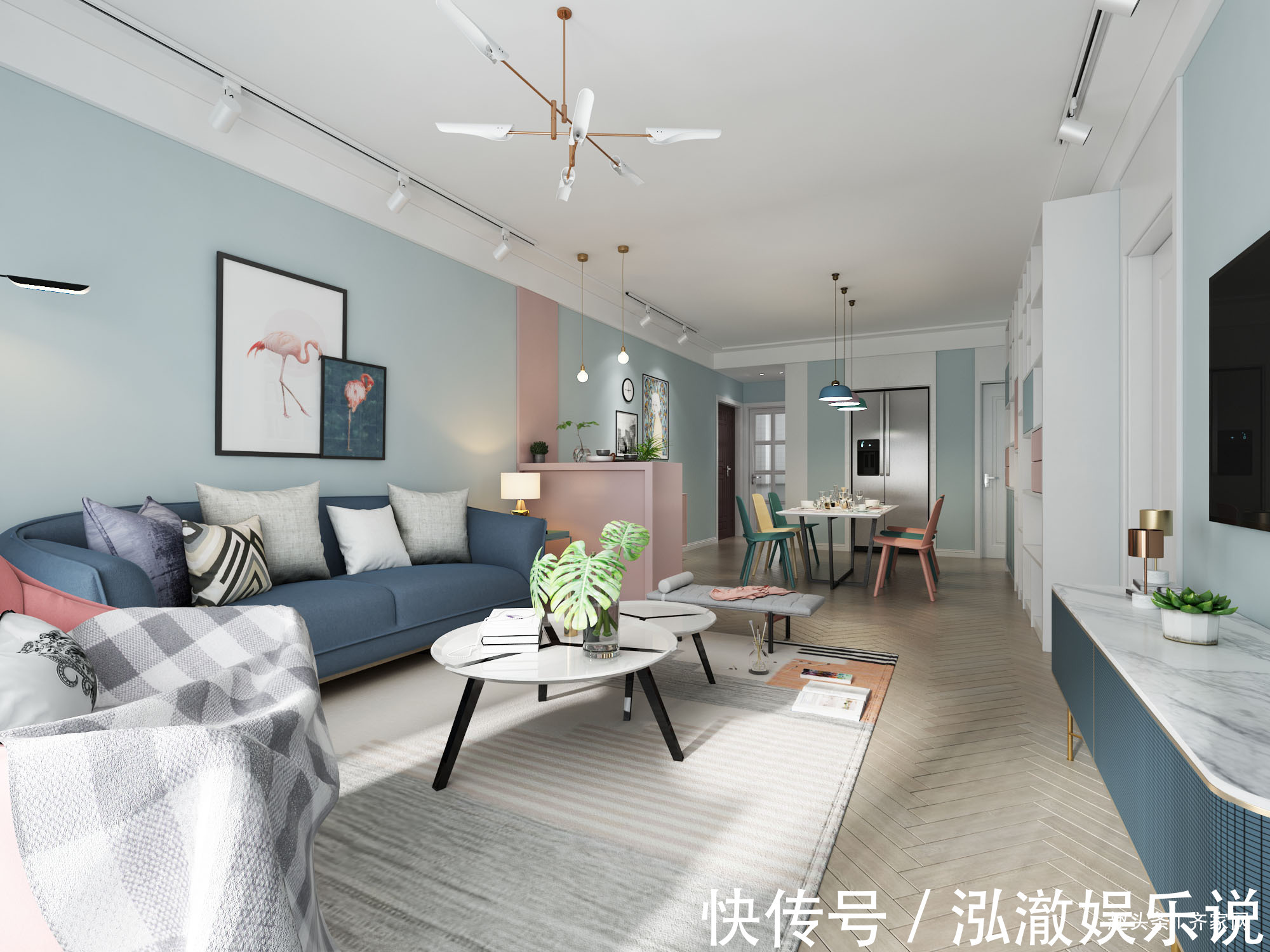 78平蓝粉北欧风,粉色小吧台,勒纳普吊灯,还生活的简单!