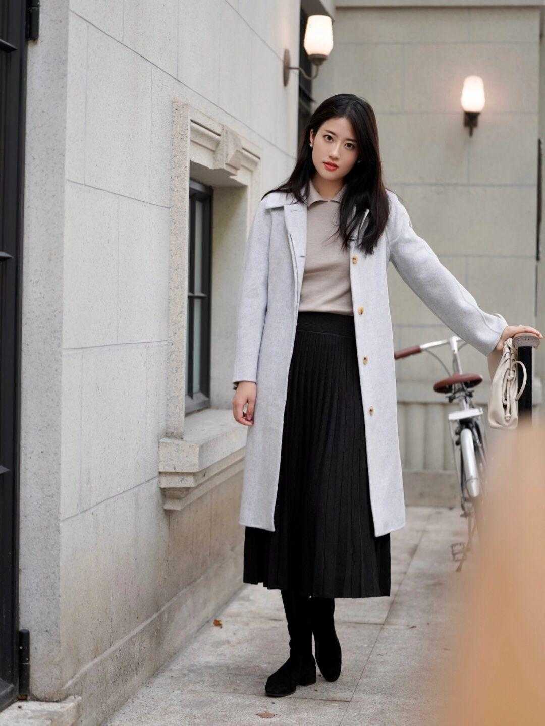 半裙|冬天的温度和风度搭配,试试大衣+半裙,温暖优雅有气质