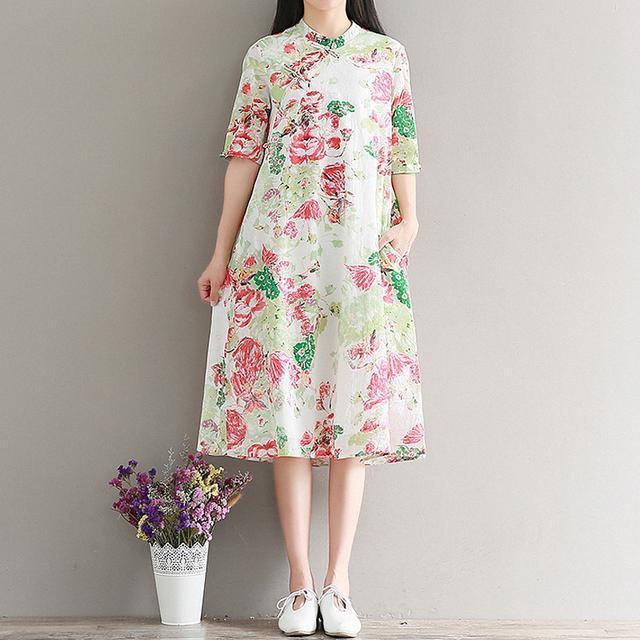 文艺|中式改良旗袍裙,棉麻材质、宽松A字版型,小清新风格