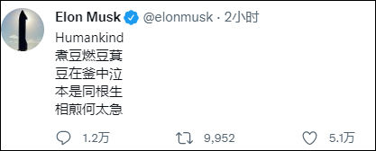 hum马斯克推特突然发曹植的《七步诗》，外国网友懵了