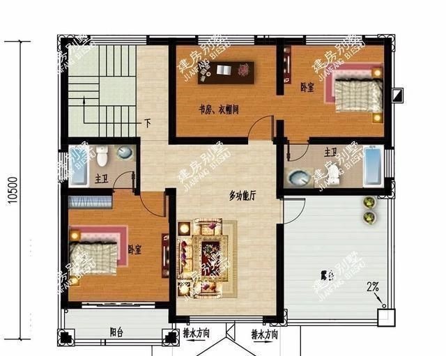 主卧室|尺寸相同的两栋农村别墅,采用不同风格设计,客厅都挑空