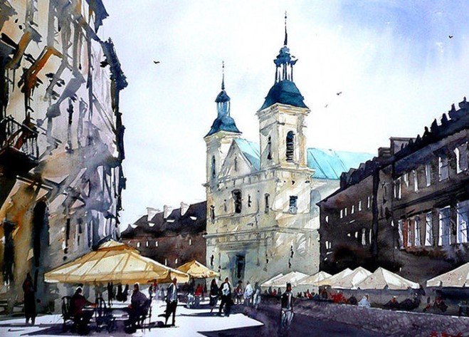 水彩画@波兰水彩画家拉法尔的街市景观画,耐看!