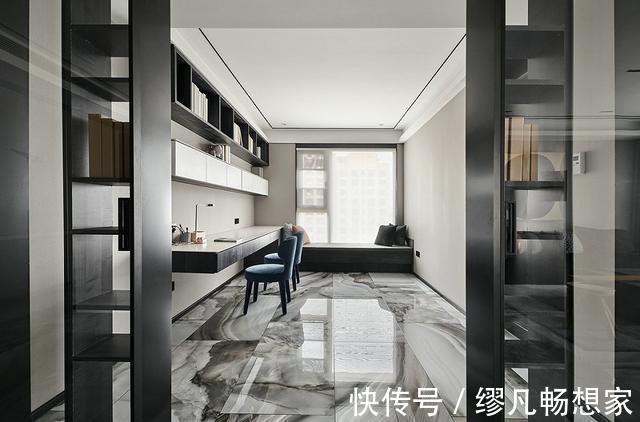 轻奢|129平现代时尚轻奢空间,黑白灰3色低调沉稳,地砖打造水墨画风格