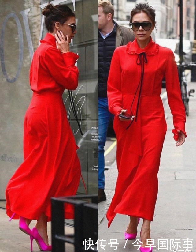 时装设计|贝克汉姆娇妻参观自家时装店,光腿穿上万元大红裙,配粉色细高跟