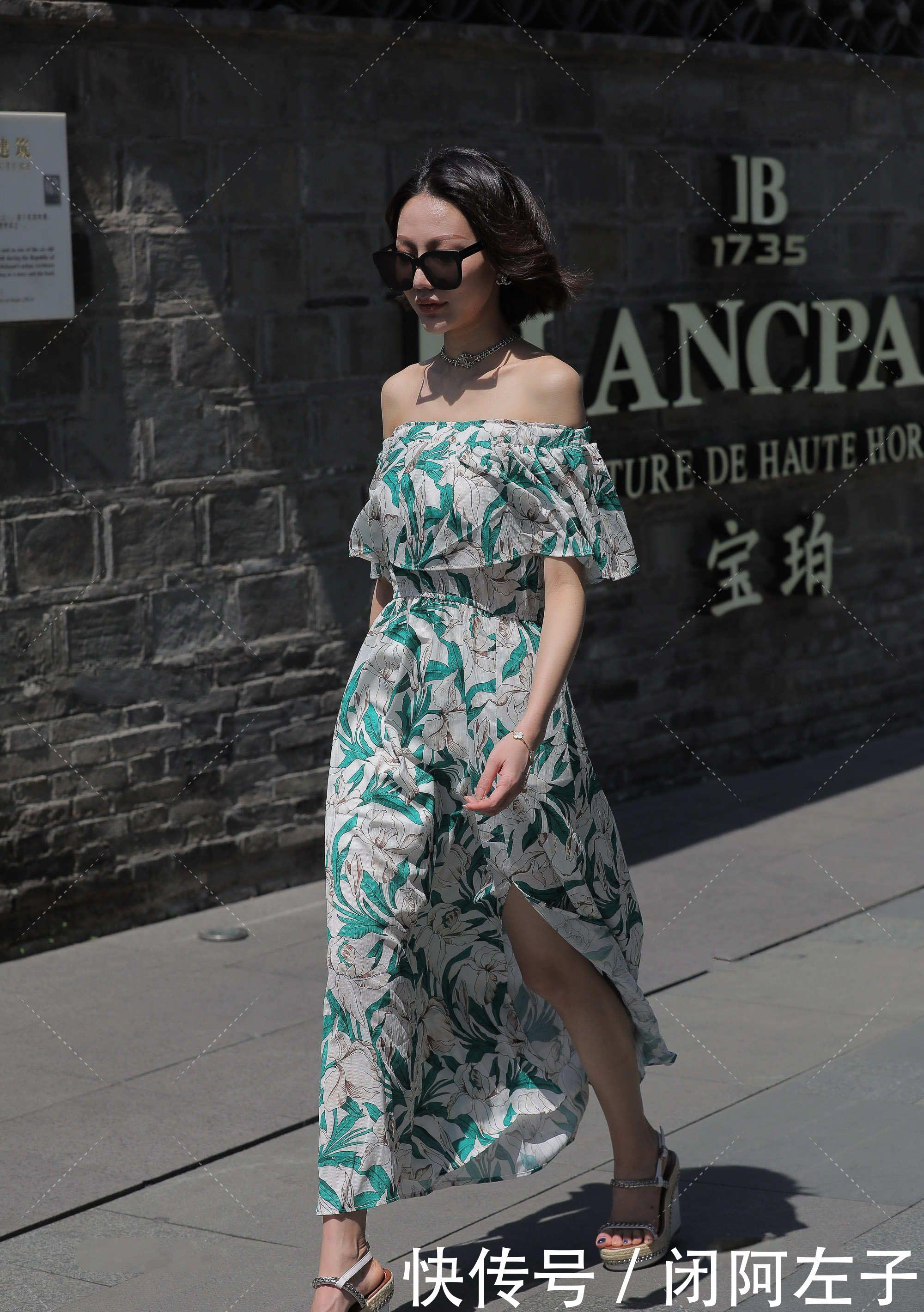 一字肩长款连衣裙,清爽舒适,高级时尚感