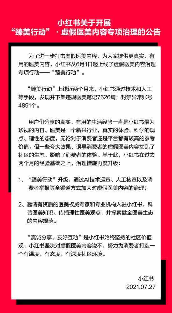 小红书|小红书：处理违规医美笔记超 7000 篇，将进一步升级治理行动