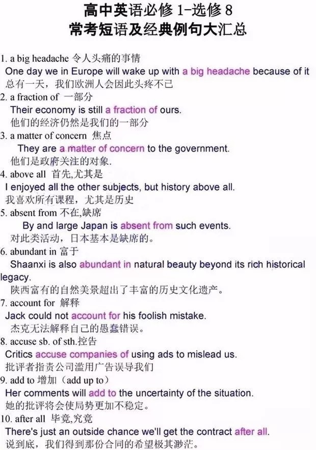 高中英语必修1-选修8常考的526个短语及经典例句超级总结！