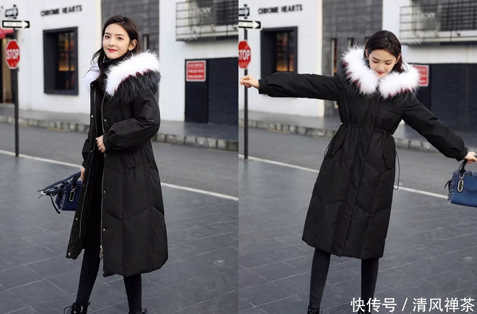 冬季流行的黑色中长款羽绒服,搭配各种下装,穿上显瘦又洋气