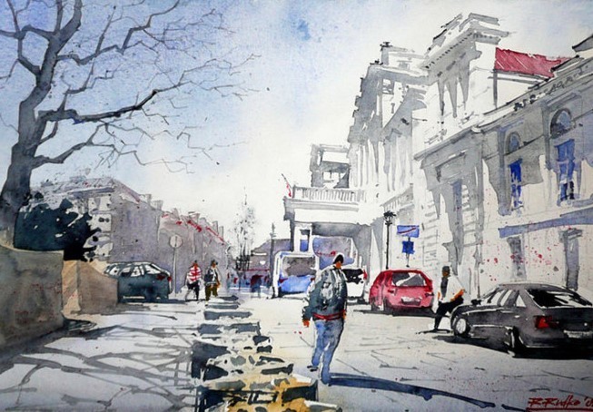 水彩画@波兰水彩画家拉法尔的街市景观画,耐看!