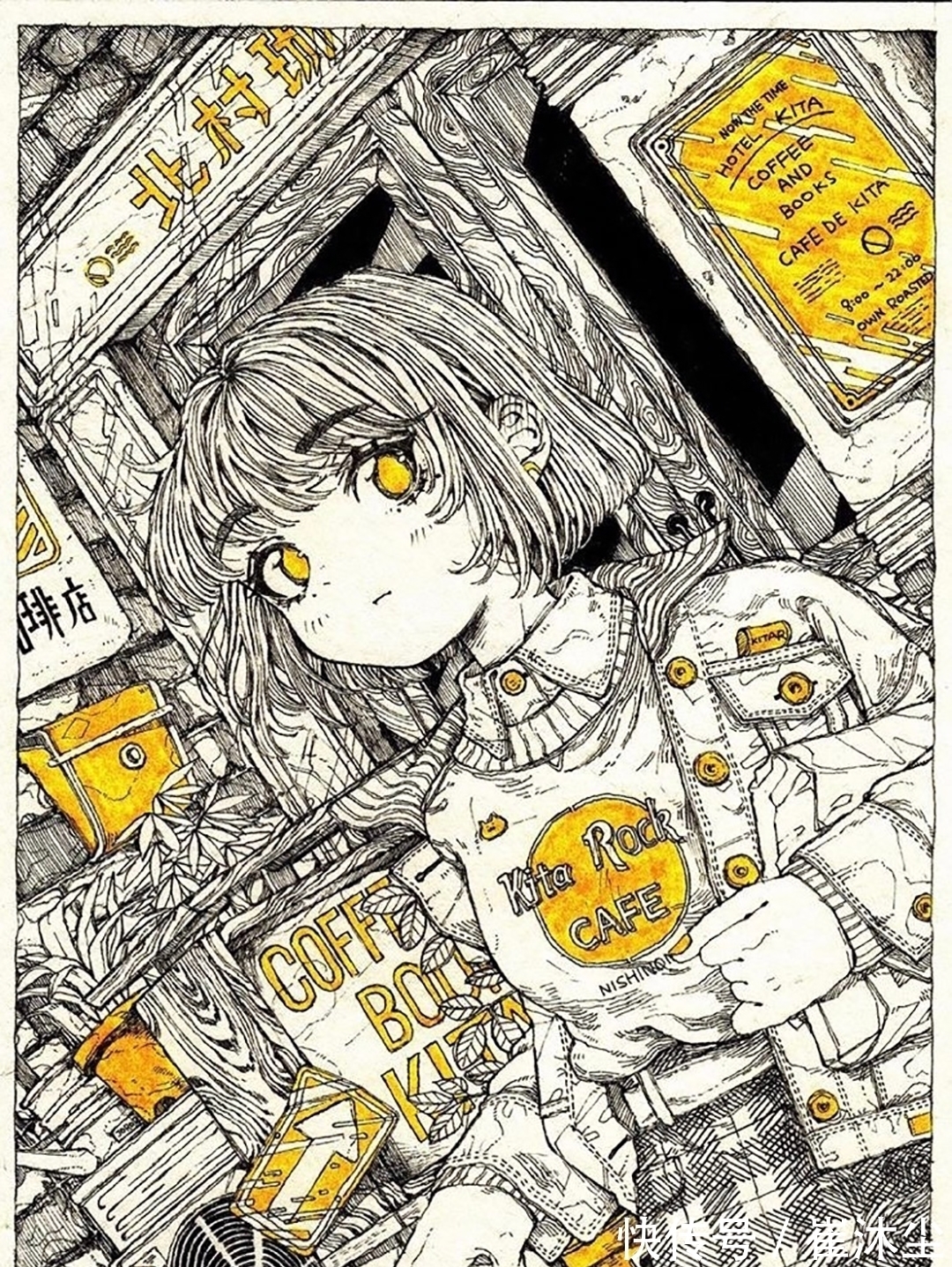 少女插画#线条感极强的少女插画,加一点黄色点缀非常的好看