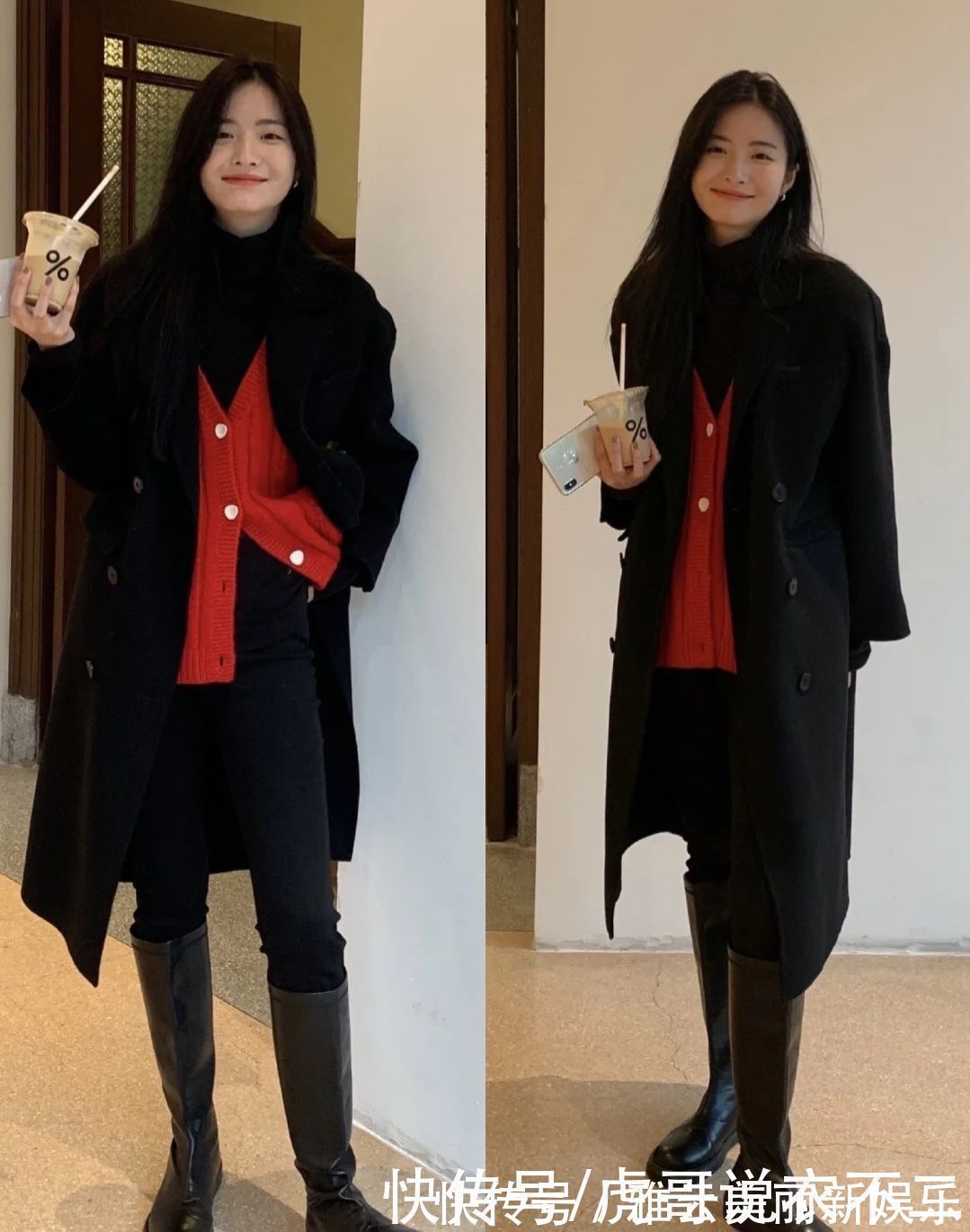 卫衣 大衣在配不在多,学韩国博主一衣多穿,一件黑大衣一周穿搭不重复