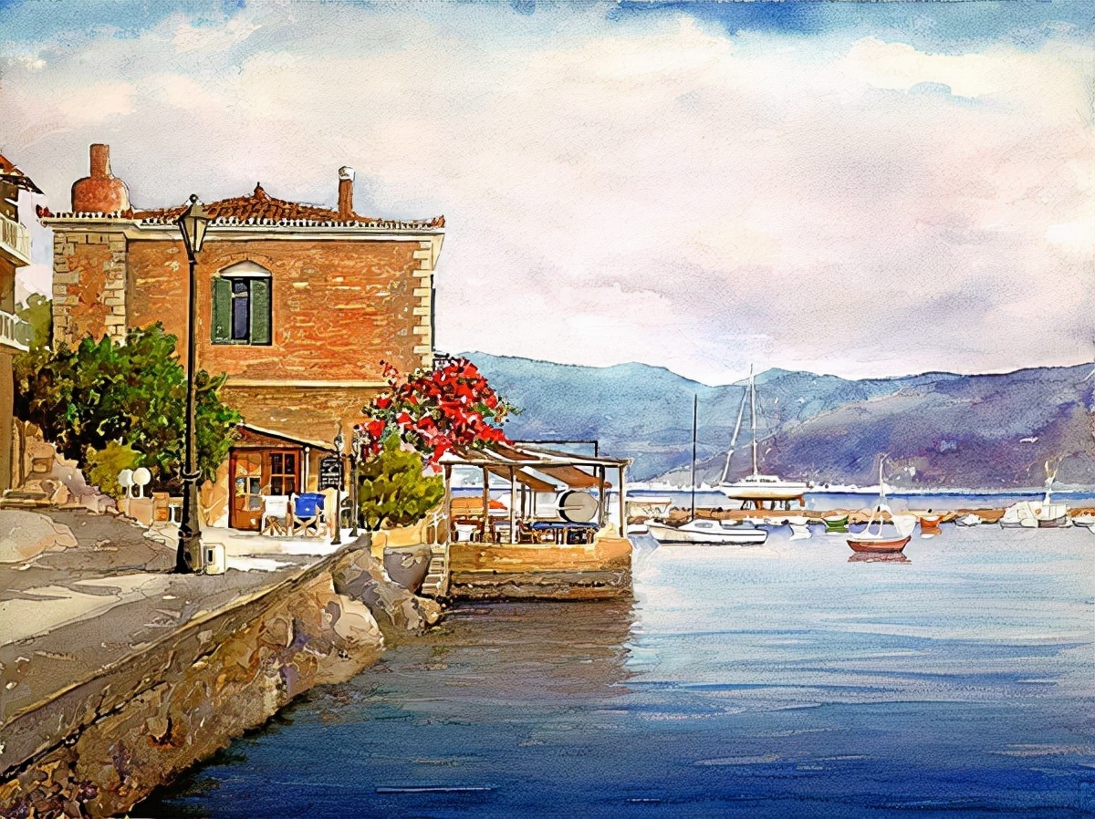 麦迪逊$希腊艺术家Pantelis Zografos,用水彩笔描绘希腊爱琴海美丽海岸风光
