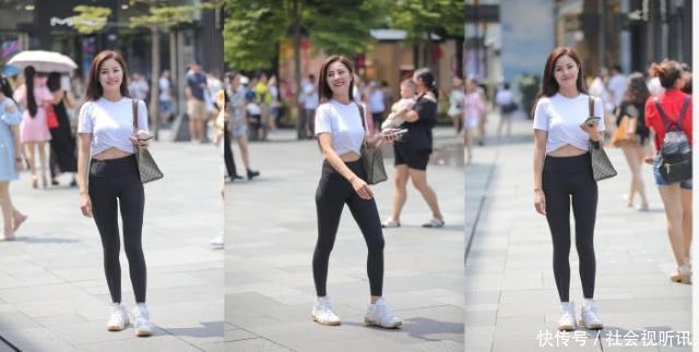 看起来很|黑色瑜伽裤搭配白色休闲上衣,青春靓丽,甜美可爱