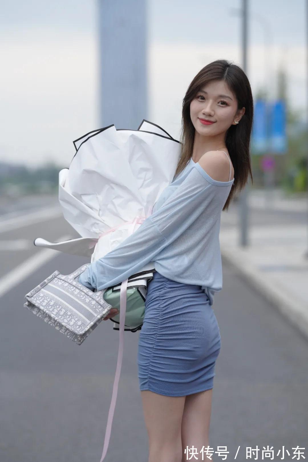 包臀裙 高跟包臀裙小美女,手捧鲜花朝气蓬勃