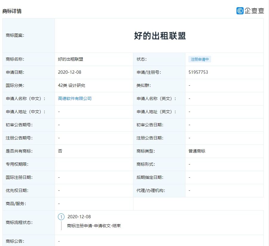 商标|高德关联公司申请“好的出租联盟”商标