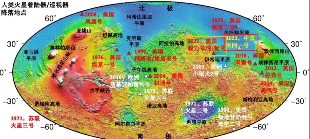 探测 火星地图历史一刻标记：祝融着陆“桂林”，美国毅力着陆印度小镇