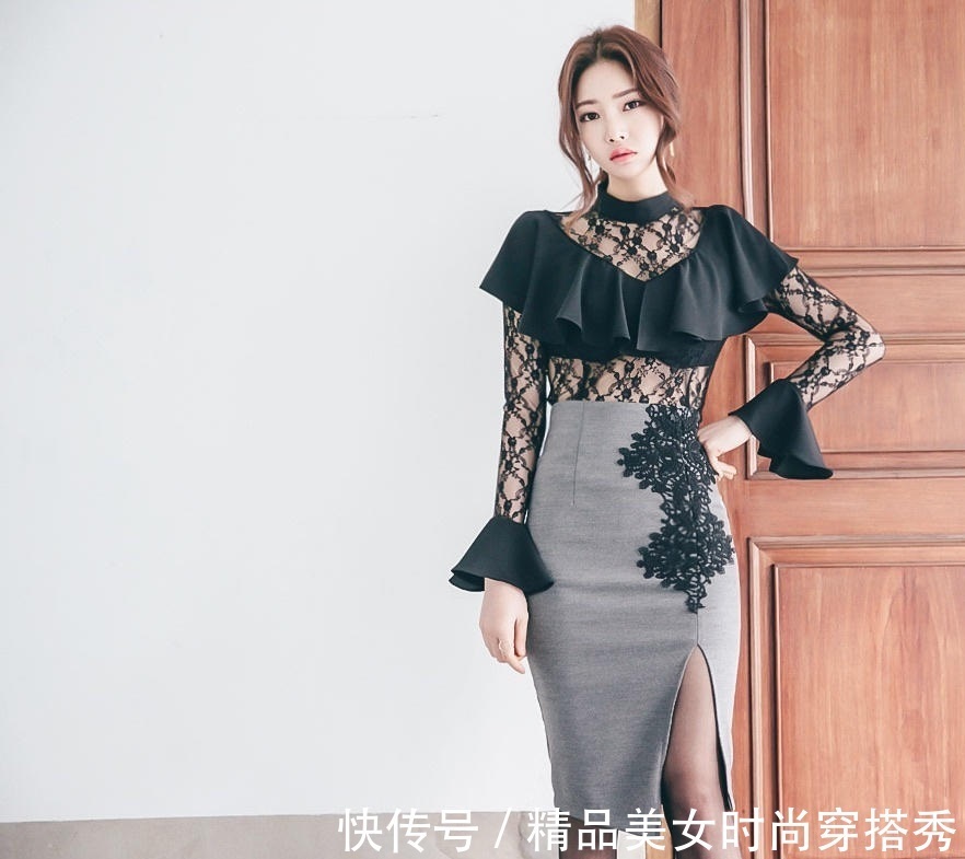 高跟鞋|黑灰拼接的蕾丝钩花连衣裙,配上一双黑色的高跟鞋女人味十足