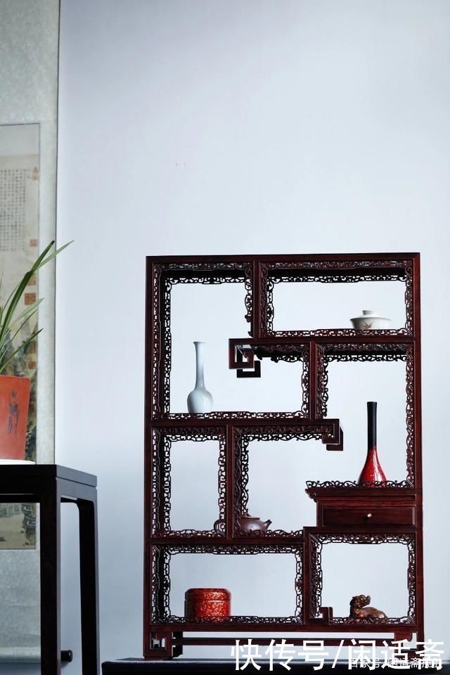 文房雅器,小叶紫檀,拐子纹案头博古架