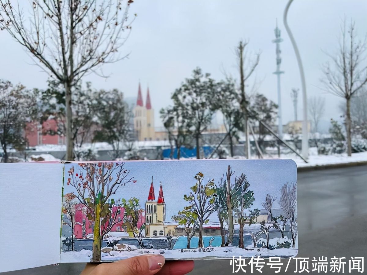 插画#雪景美如画，郑州插画师贾鲁河边写生