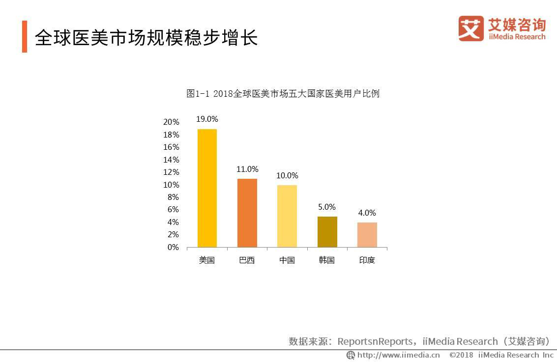 \"2018全球医疗美容市场五大国家医美用户比例\"