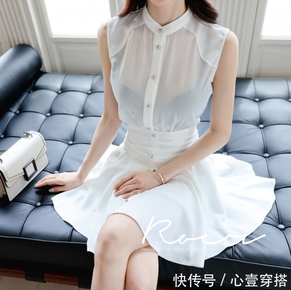 孙允珠|女神孙允珠高清时尚搭配:光系梦幻牛奶萱白无袖衬衣裙