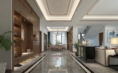 客厅|东北夫妻回乡建370㎡别墅,选胡桃木装中式,刚进门厅就被迷住