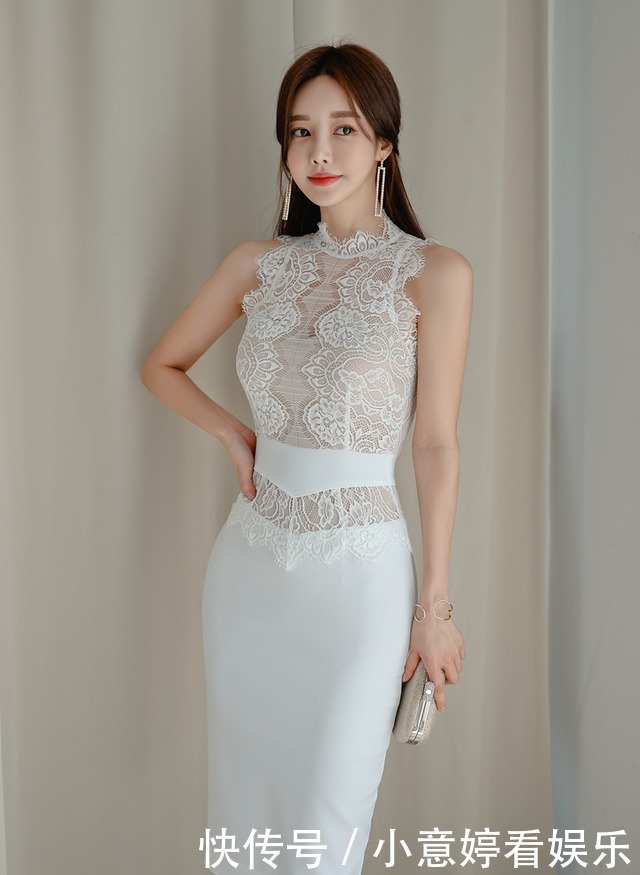 层叠对称花纹薄纱雪纺无袖包臀裙,突显孙允珠优雅气质