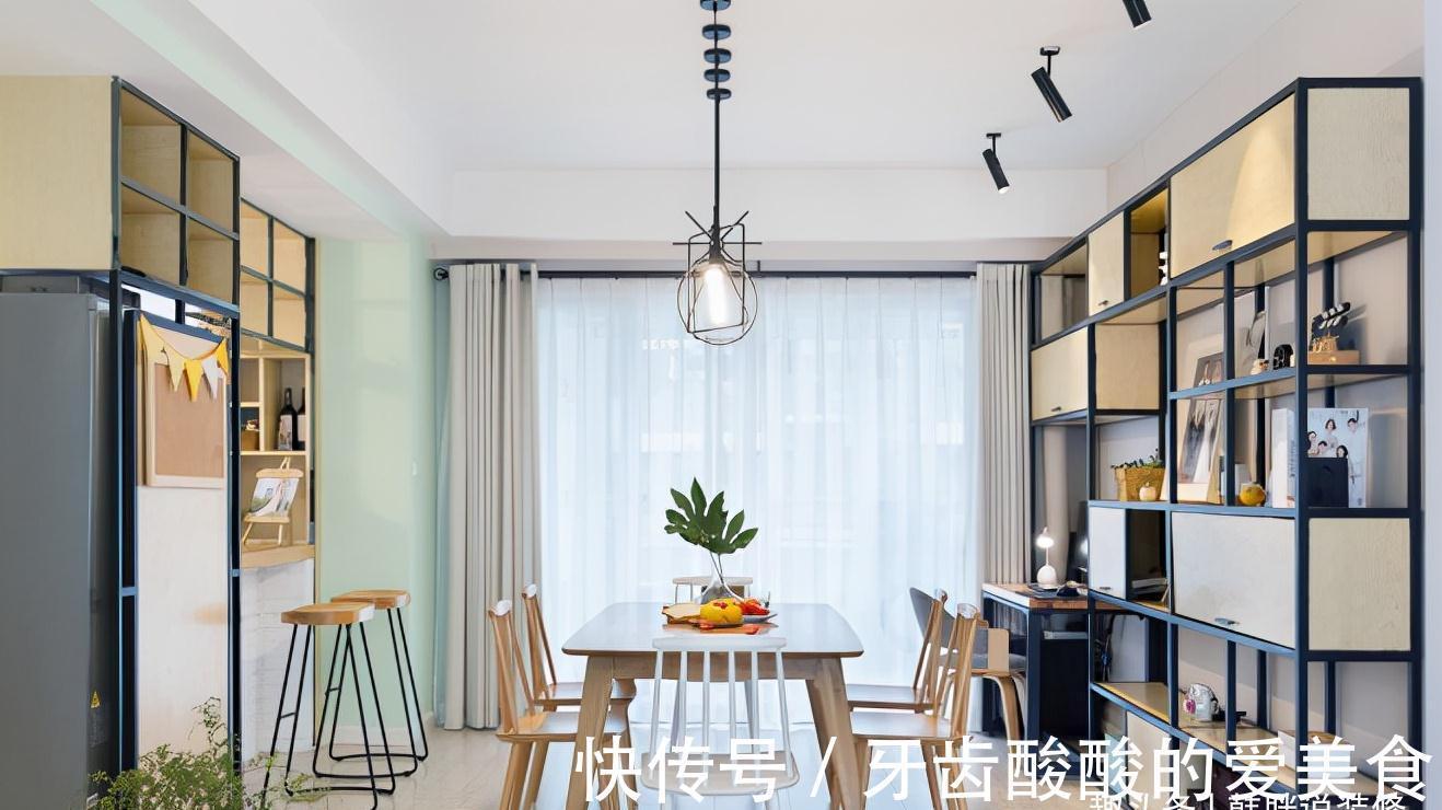 餐边柜|120㎡极简新房,清亮的薄荷绿墙面,吧台和餐边柜是最大亮点