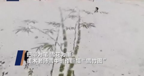  小学|陕西小学美术老师雪地中扫出巨幅雪竹图，网友：这就是“胸有成竹“吧