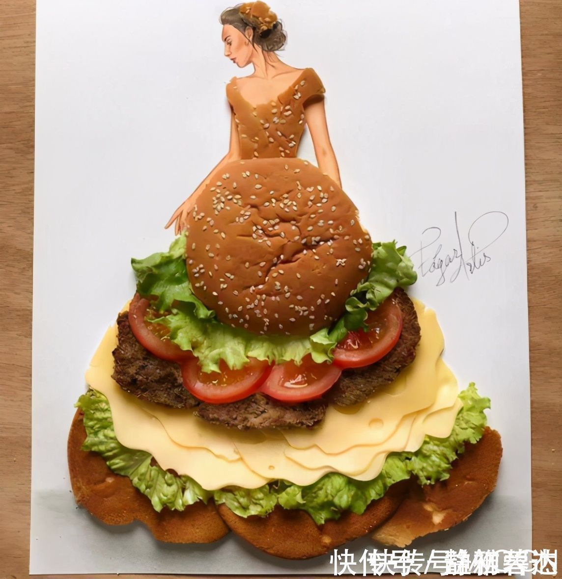 画师大佬太有创意，用面条和汉堡给美女当裙子，看了感觉挺有食欲
