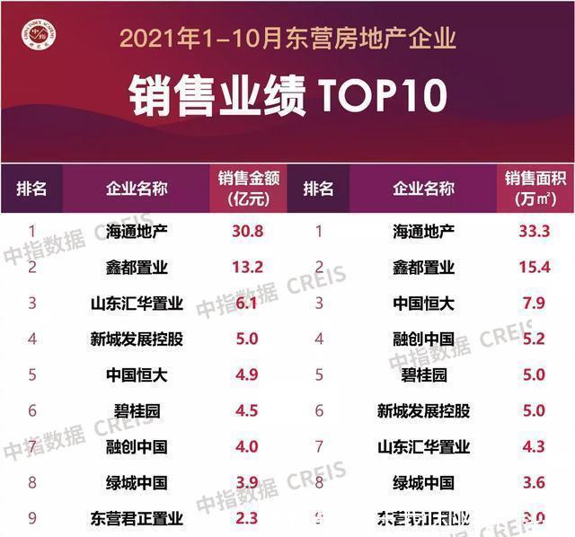 海通|2021年1-10月东营房地产企业销售业绩TOP10