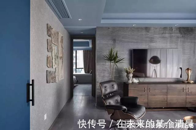 新家|108㎡现代三居室，蓝色吊顶，水泥背景墙，时尚有格调的新家