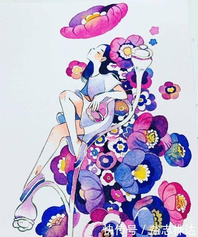 插画$哇马克笔画出水彩般效果,装饰感太强了,简单又漂亮,收藏