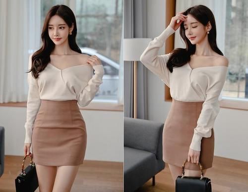 时尚穿搭孙允珠：一字斜肩开领长袖雪纺衫搭配浅棕竖纹包臀裙