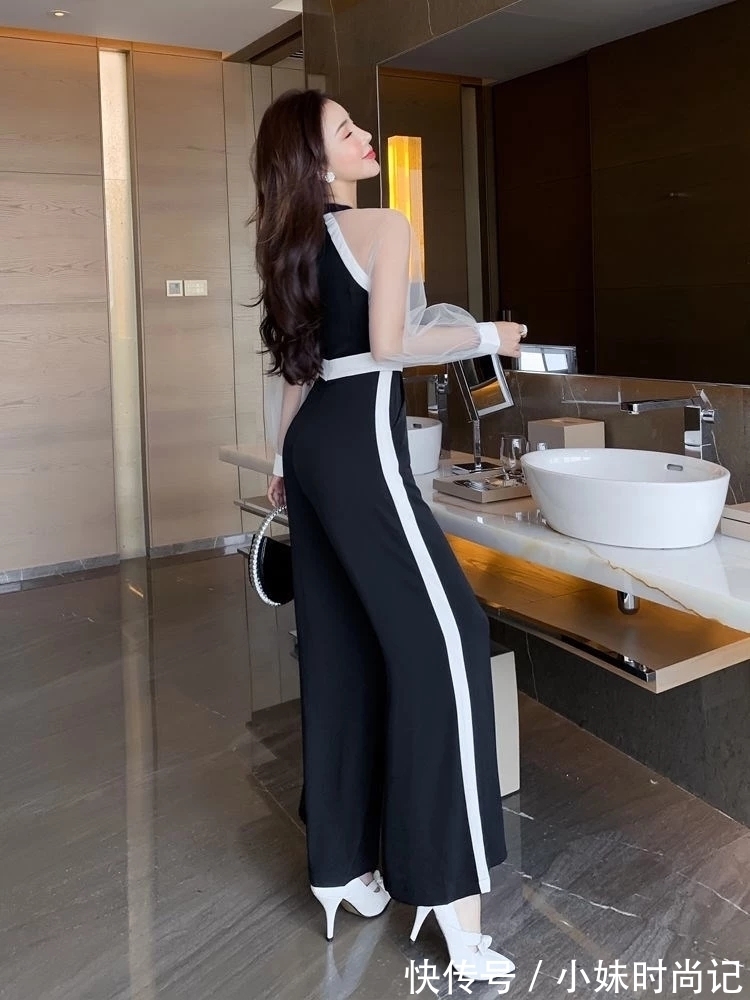 穿搭|法式黑白网纱拼接,穿出赫本风,名媛气质连体裤