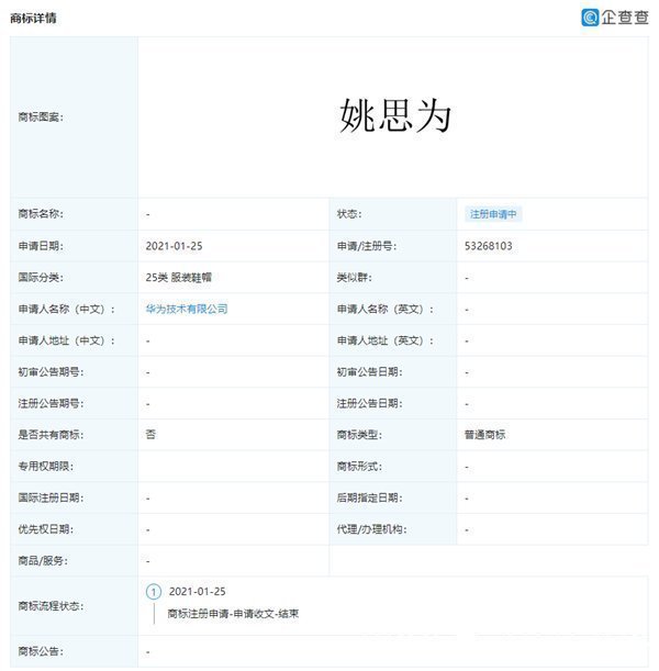 华为技术有限公司|华为提交申请多个姚安娜相关商标：涉通讯、珠宝钟表等领域