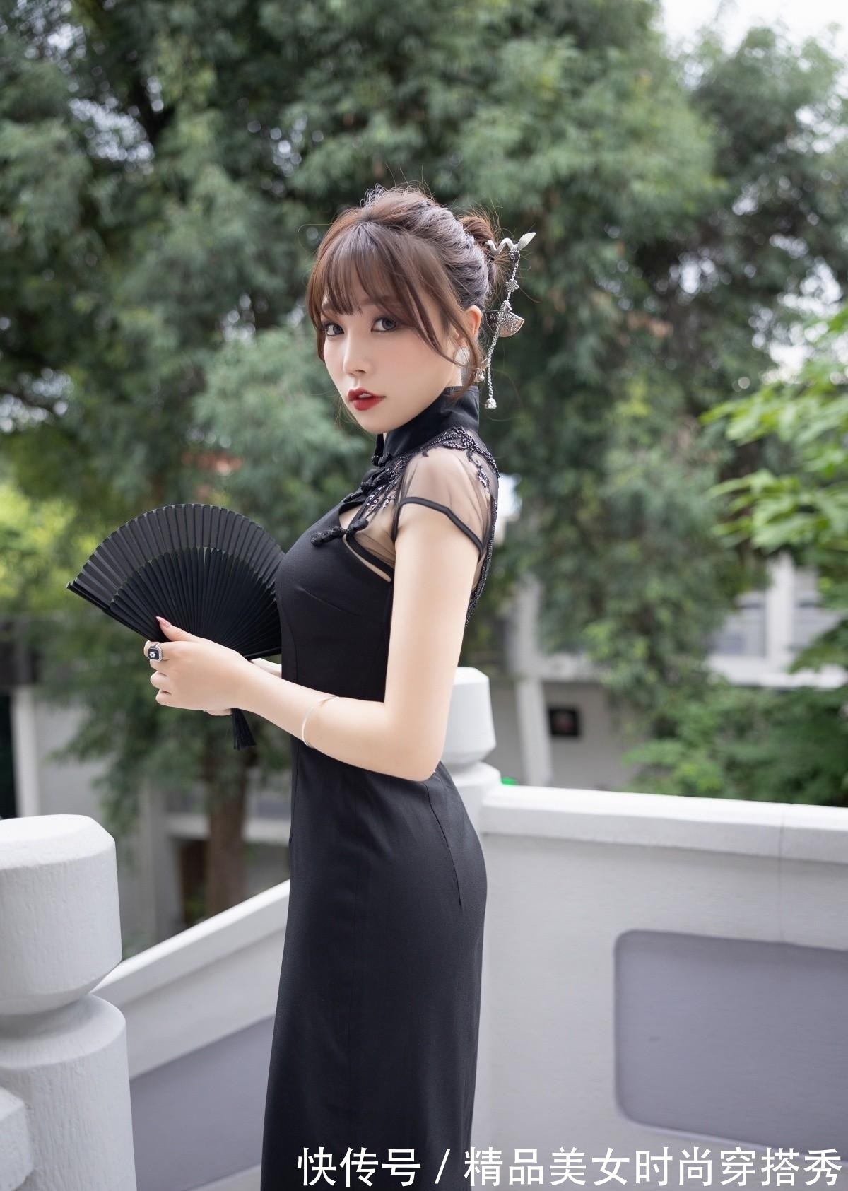 小姐姐 黑色旗袍裙搭配尖头高跟鞋，曼妙又优雅，超级显轻熟感