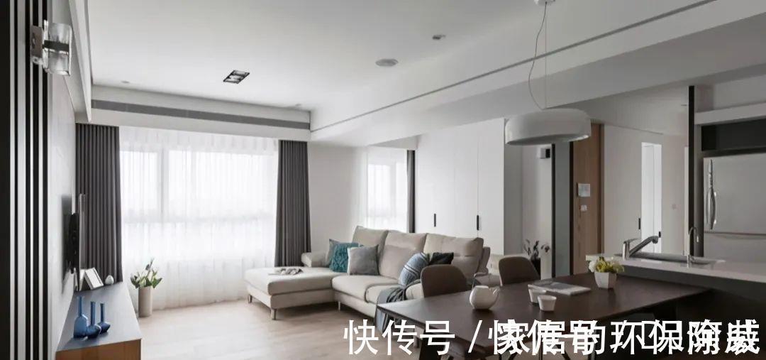 玄关|沙发不靠墙加5㎡收纳区,玄关连餐厅全装柜,100㎡住出豪宅感